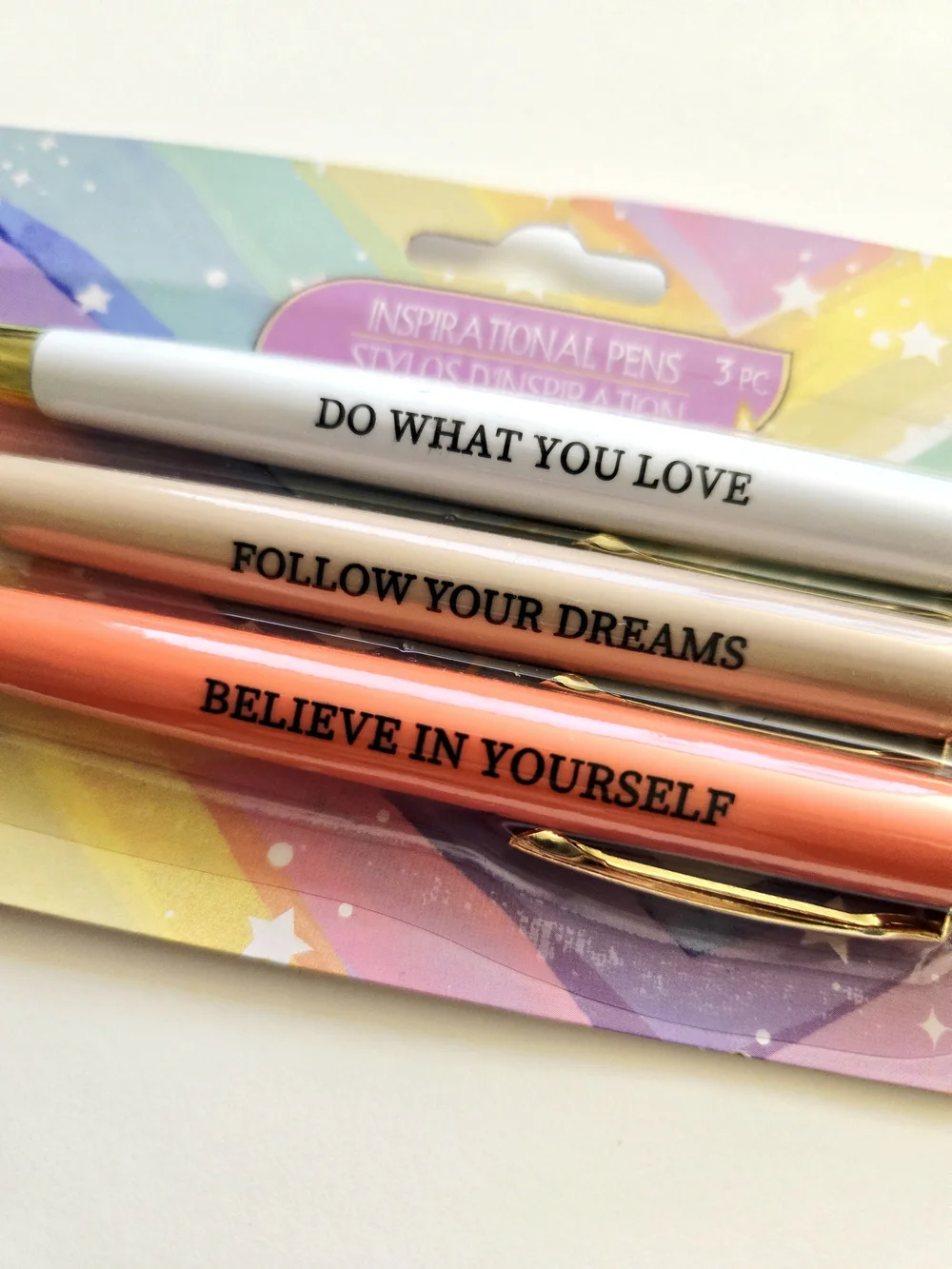 3PC Inspirational Pens Set Motivational Quotes White Pink Coral Office School
